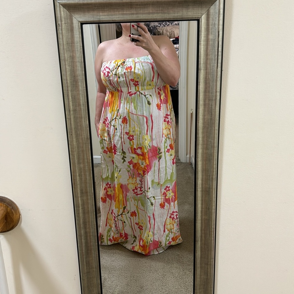 Strapless sherbet print linen dress sz XXL